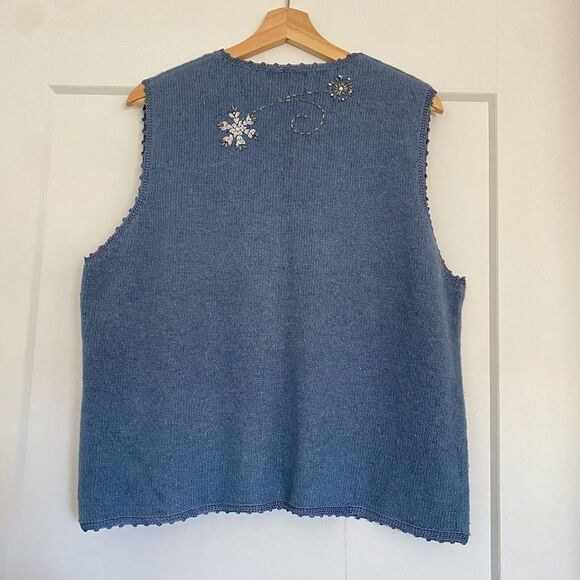 Vintage Blue Wool Beaded Embroidered Classic Grandma Warm Button Front Vest - Picture 2 of 4